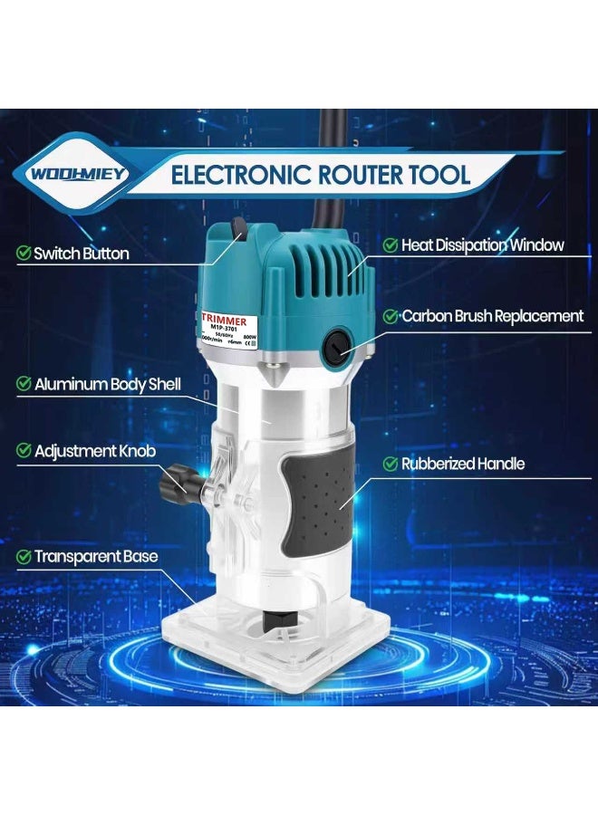 ZLH HITY Palm Router Tool, 800W 30000Rpm Electric Woodworking Hand Router with Trimmer Base & 15Pcs 1/4"(6.35mm) Router Bits Set, 220V Wood Trimmer Router - Image 4